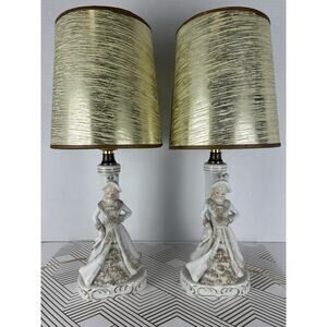 Porcelain Boudoir Table Lamp White And Gold Woman Figurine Vintage Set Of 2 15”